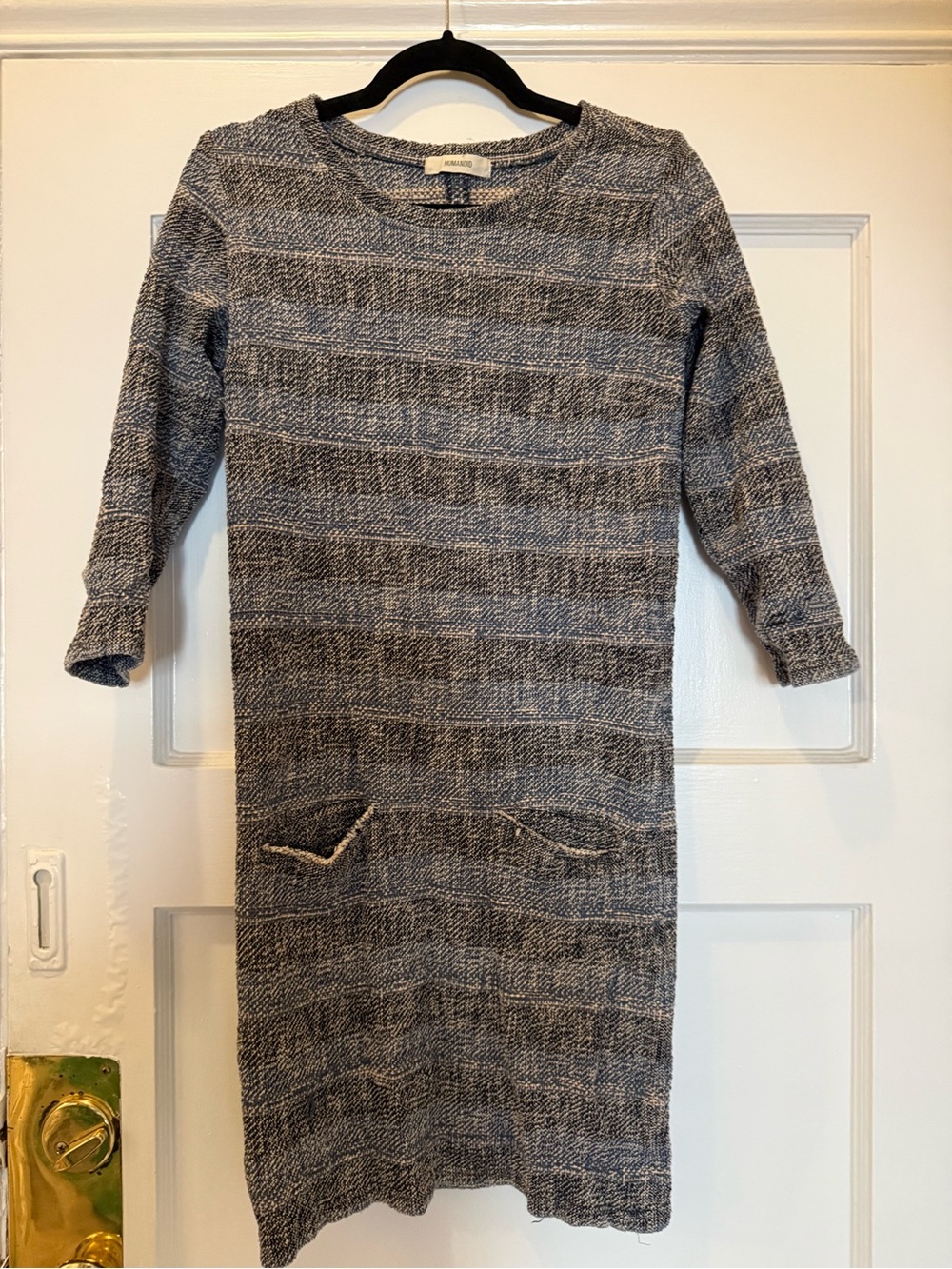 Heathered Gray Long-Sleeve Knit Dress with Front Pockets
